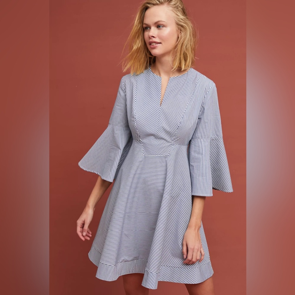 Anthropologie 6 Poplin Cotton Adria Moss Bell-Sleeve Dress Stripes Coastal Fall